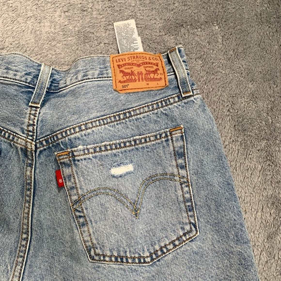 Levi's 501 Blue Distressed Jean Shorts - Picture 8 of 9